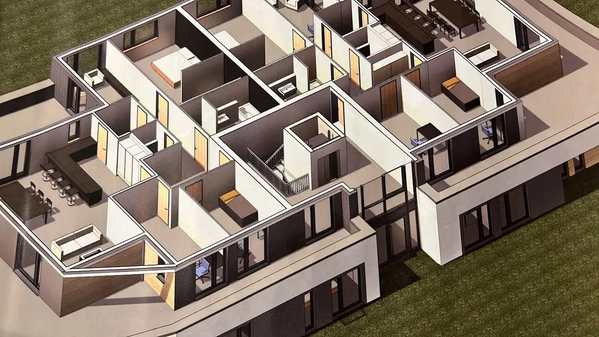 3D-Grundrissvisualisierung mit Wohnbereichen und Terrasse