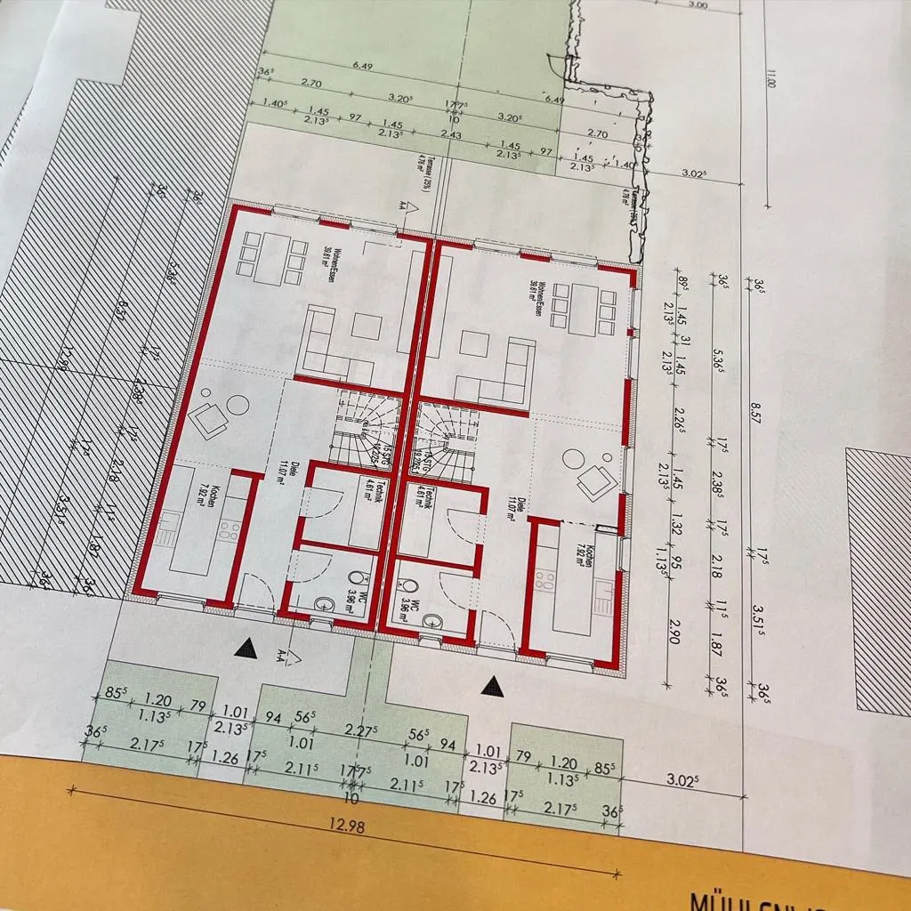 Grundrissplan Mühlenweg mit rot markierten Wänden