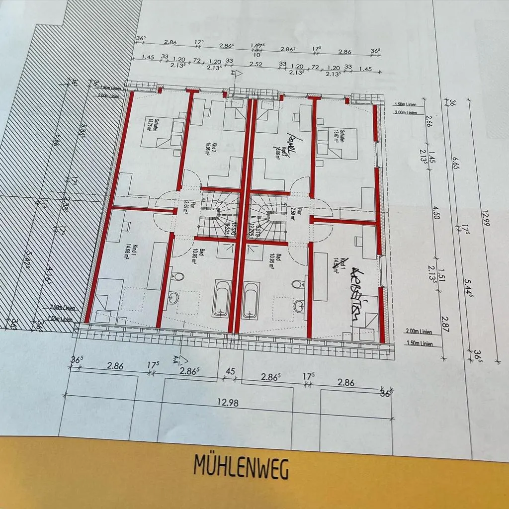 Bemaßter Grundrissplan, beschriftet mit Mühlenweg